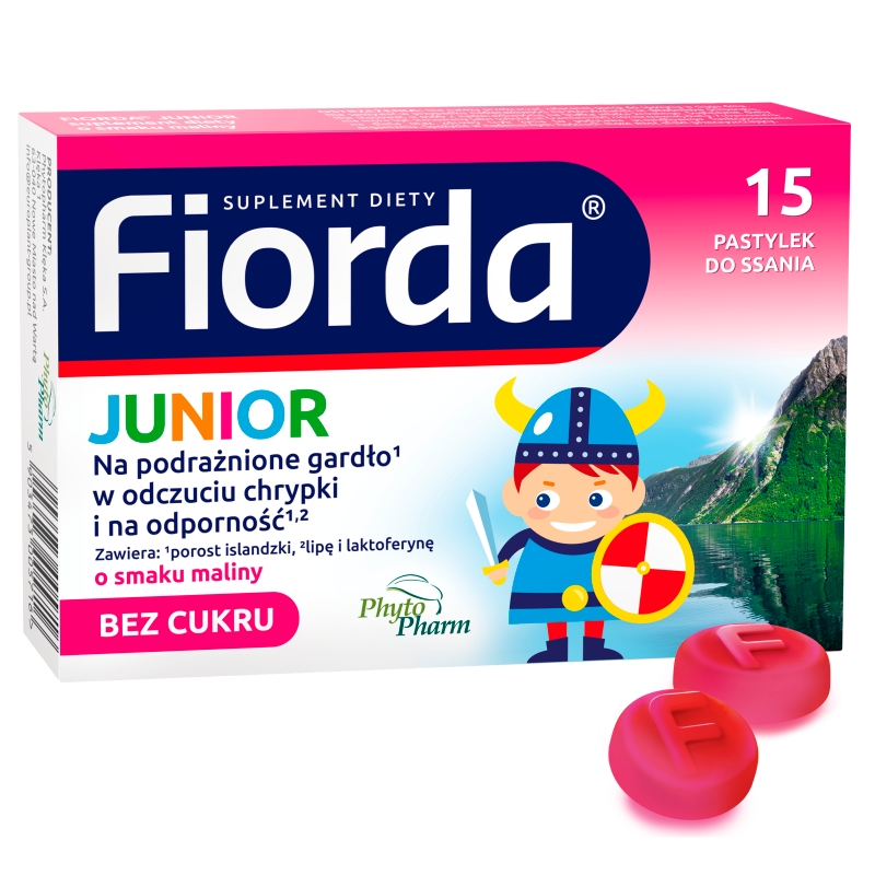 Fiorda Junior, pastylki ze składnikami wspomagającymi w podrażnieniach gardła i krtani dla dzieci o smaku malinowym, 15 szt.