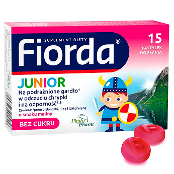 Fiorda Junior, pastylki ze składnikami wspomagającymi w podrażnieniach gardła i krtani dla dzieci o smaku malinowym, 15 szt.