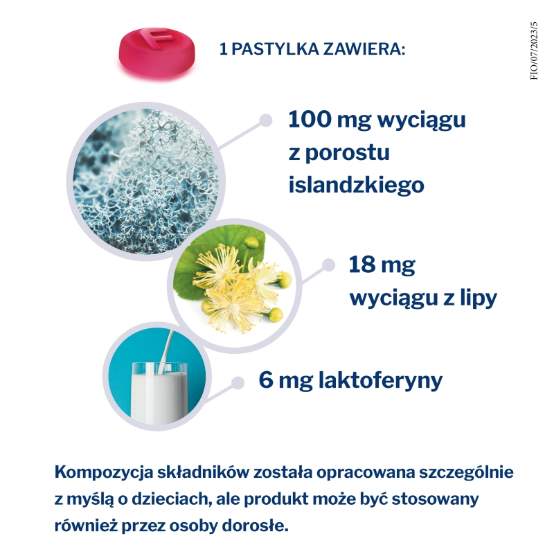 Fiorda Junior, pastylki ze składnikami wspomagającymi w podrażnieniach gardła i krtani dla dzieci o smaku malinowym, 15 szt.