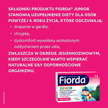 Fiorda Junior, pastylki ze składnikami wspomagającymi w podrażnieniach gardła i krtani dla dzieci o smaku malinowym, 15 szt.