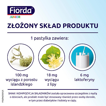 Fiorda Junior, pastylki ze składnikami wspomagającymi w podrażnieniach gardła i krtani dla dzieci o smaku malinowym, 15 szt.