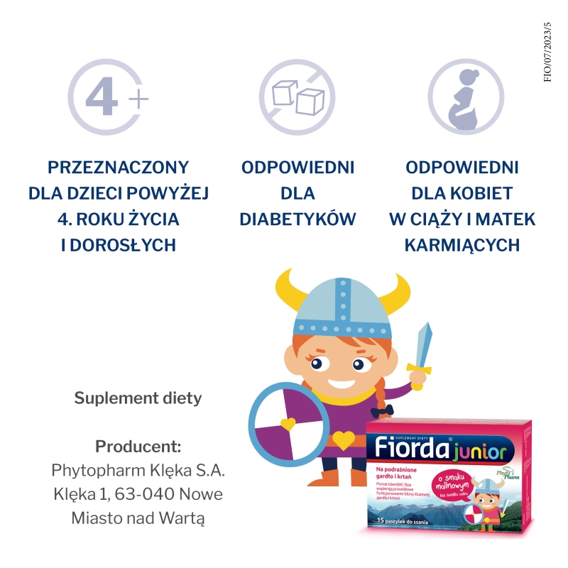 Fiorda Junior, pastylki ze składnikami wspomagającymi w podrażnieniach gardła i krtani dla dzieci o smaku malinowym, 15 szt.