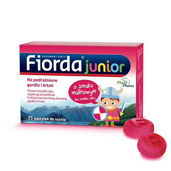 Fiorda Junior, pastylki ze składnikami wspomagającymi w podrażnieniach gardła i krtani dla dzieci o smaku malinowym, 15 szt.