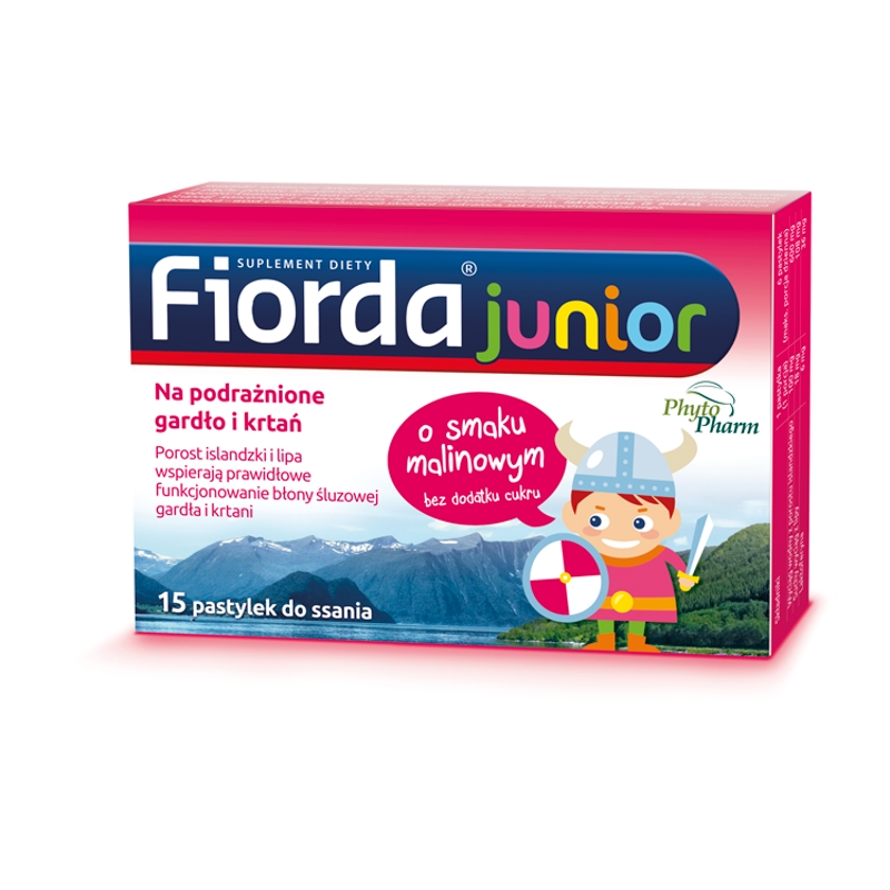Fiorda Junior, pastylki ze składnikami wspomagającymi w podrażnieniach gardła i krtani dla dzieci o smaku malinowym, 15 szt.