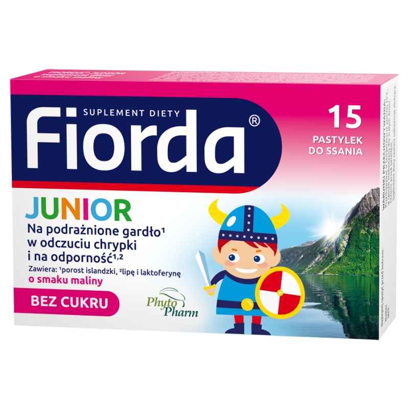 Fiorda Junior pastylki ze składnikami wspomagającymi w podrażnieniach gardła i krtani dla dzieci o smaku malinowym, 15 szt.