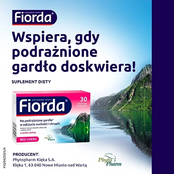 Fiorda, pastylki ze składnikami wspomagającymi w podrażnieniach gardła i krtani o smaku malinowym, 30 szt.