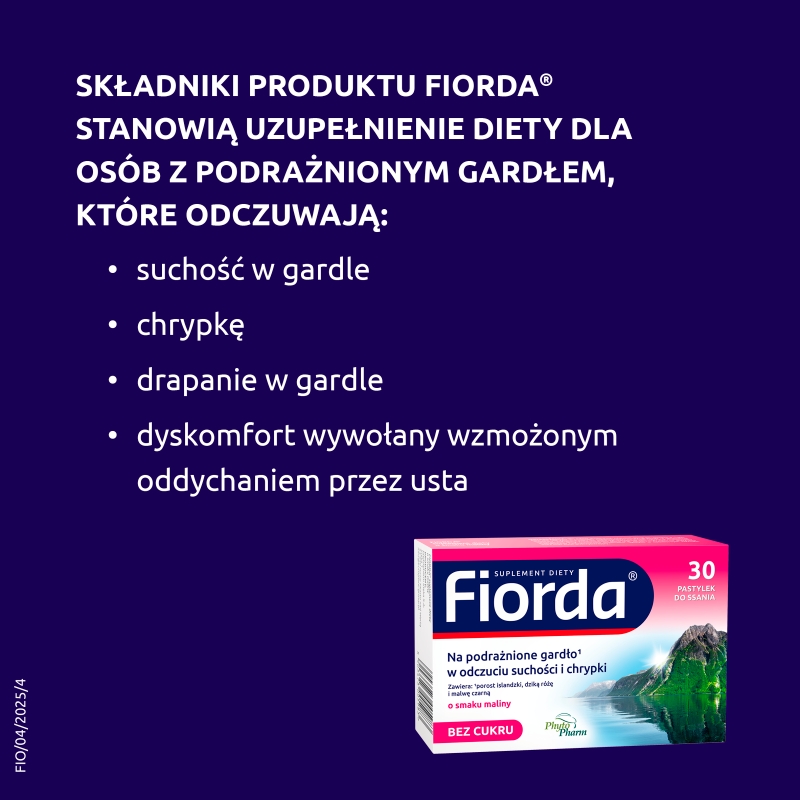 Fiorda, pastylki ze składnikami wspomagającymi  w podrażnieniach gardła i krtani o smaku malinowym, 30 szt.