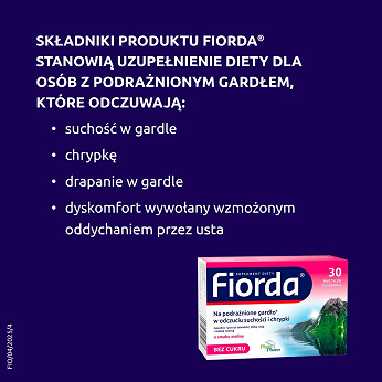 Fiorda, pastylki ze składnikami wspomagającymi w podrażnieniach gardła i krtani o smaku malinowym, 30 szt.
