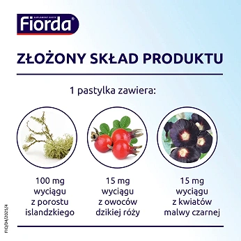 Fiorda, pastylki ze składnikami wspomagającymi w podrażnieniach gardła i krtani o smaku malinowym, 30 szt.