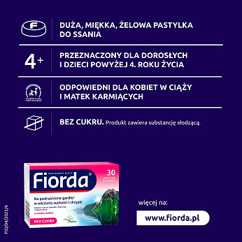 Fiorda, pastylki ze składnikami wspomagającymi w podrażnieniach gardła i krtani o smaku malinowym, 30 szt.