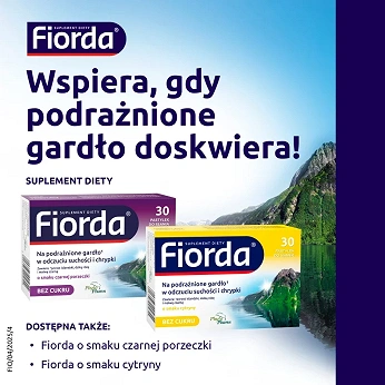 Fiorda, pastylki ze składnikami wspomagającymi w podrażnieniach gardła i krtani o smaku malinowym, 30 szt.