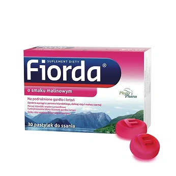 Fiorda, pastylki ze składnikami wspomagającymi w podrażnieniach gardła i krtani o smaku malinowym, 30 szt.