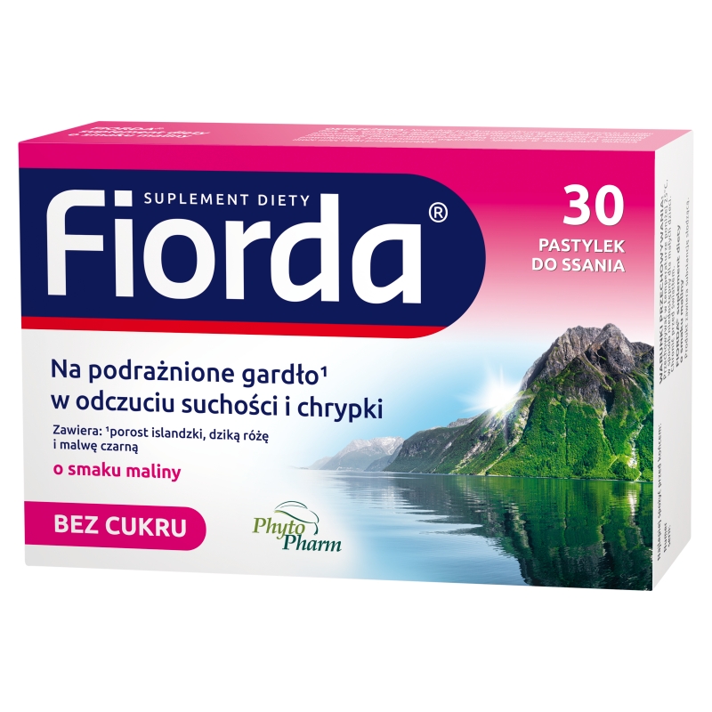 Fiorda pastylki ze składnikami wspomagającymi  w podrażnieniach gardła i krtani o smaku malinowym, 30 szt.