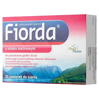 Fiorda, pastylki ze składnikami wspomagającymi w podrażnieniach gardła i krtani o smaku malinowym, 30 szt.