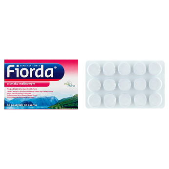 Fiorda, pastylki ze składnikami wspomagającymi w podrażnieniach gardła i krtani o smaku malinowym, 30 szt.