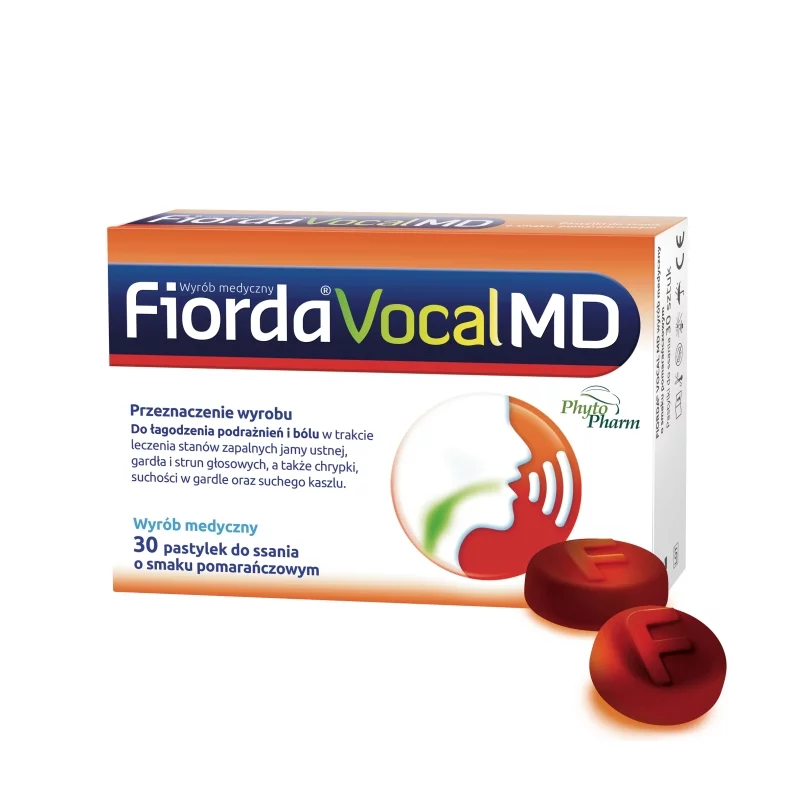 Fiorda Vocal MD, pastylki do ssania na ból gardła i chrypkę o smaku pomarańczowym, 30 szt.