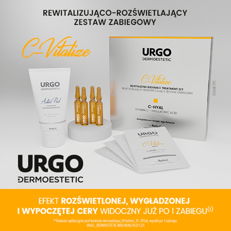 URGO DERMOESTETIC C-Vitalize, zestaw: peeling - 50 ml, ampułka z serum - 4x1 ml, maska do twarzy - 4x2,5 ml
