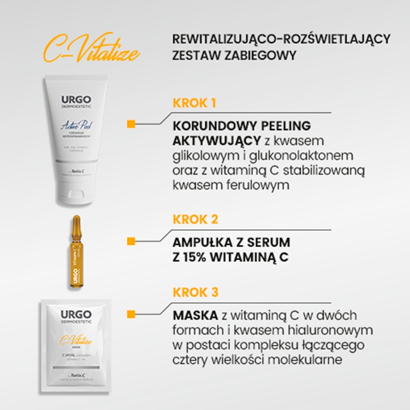 URGO DERMOESTETIC C-Vitalize, zestaw: peeling - 50 ml, ampułka z serum - 4x1 ml, maska do twarzy - 4x2,5 ml
