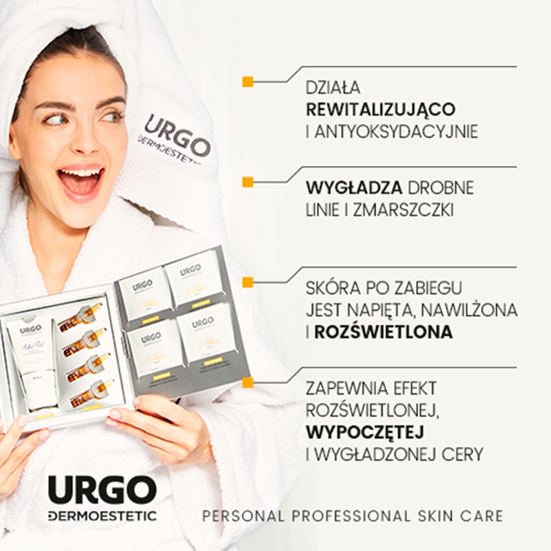 URGO DERMOESTETIC C-Vitalize, zestaw: peeling - 50 ml, ampułka z serum - 4x1 ml, maska do twarzy - 4x2,5 ml
