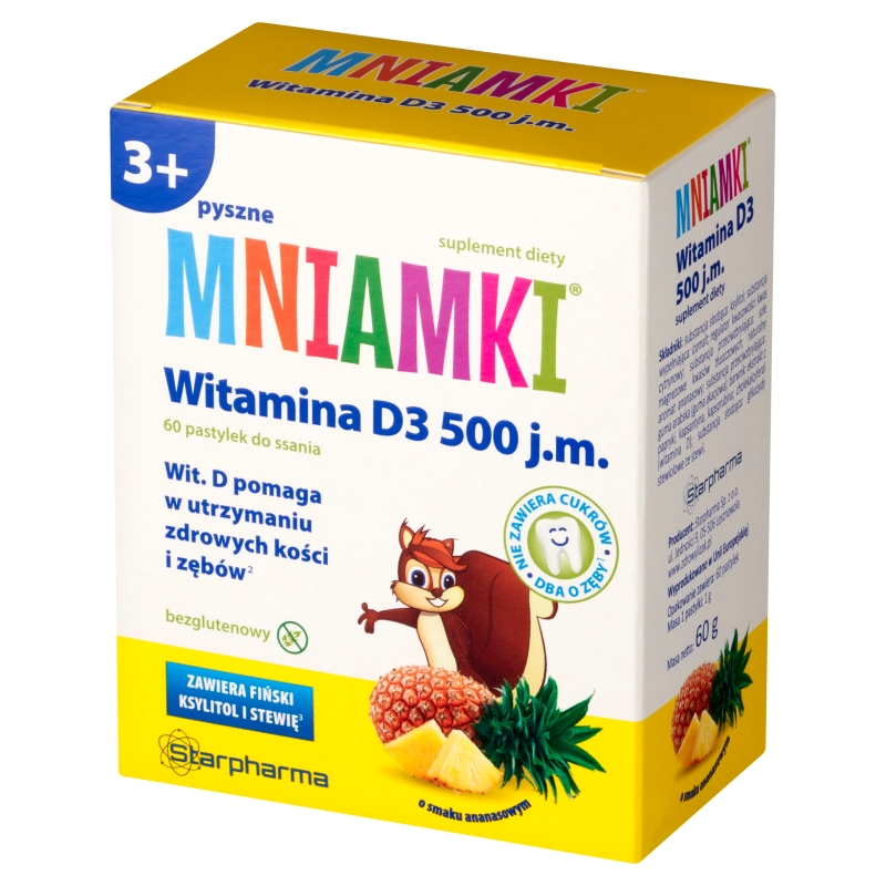 MNIAMKI Witamina D, pastylki do ssania dla dzieci ze składnikami na zdrowe kości, zęby i odporność, 60 szt.
