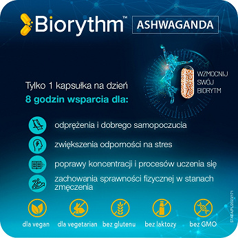 Biorythm Ashwagandha, kapsułki o przedłużonym uwalnianiu ze składnikami wspierającymi odporność, 30 szt.