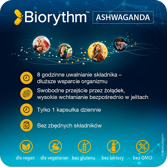 Biorythm Ashwagandha, kapsułki o przedłużonym uwalnianiu ze składnikami wspierającymi odporność, 30 szt.