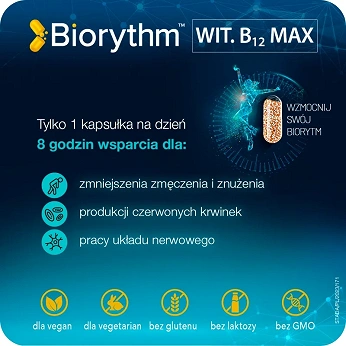 Biorythm Witamina B12, kapsułki o przedłużonym uwalnianiu z witaminą B12, 30 szt.