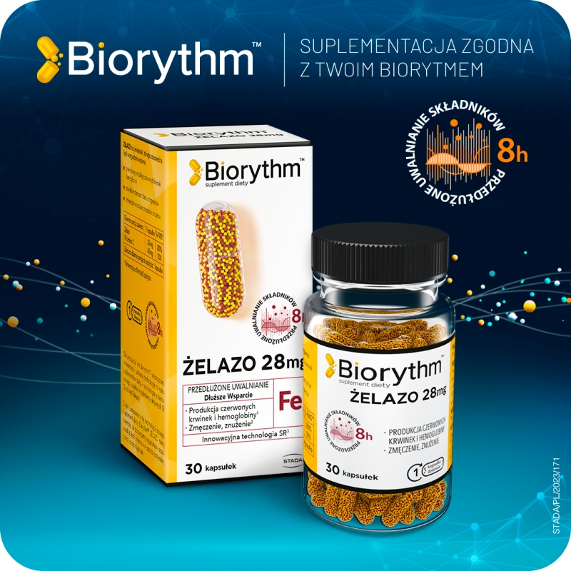 Biorythm Żelazo, kapsułki o przedłużonym uwalnianiu ze składnikami uzupełniającymi dietę w żelazo, 30 szt.
