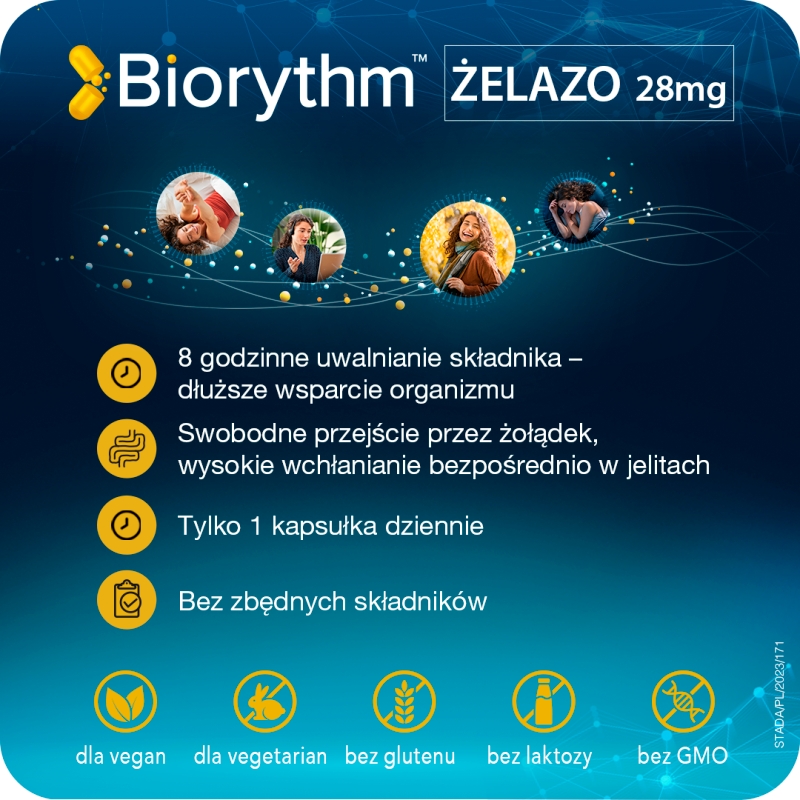 Biorythm Żelazo, kapsułki o przedłużonym uwalnianiu ze składnikami uzupełniającymi dietę w żelazo, 30 szt.