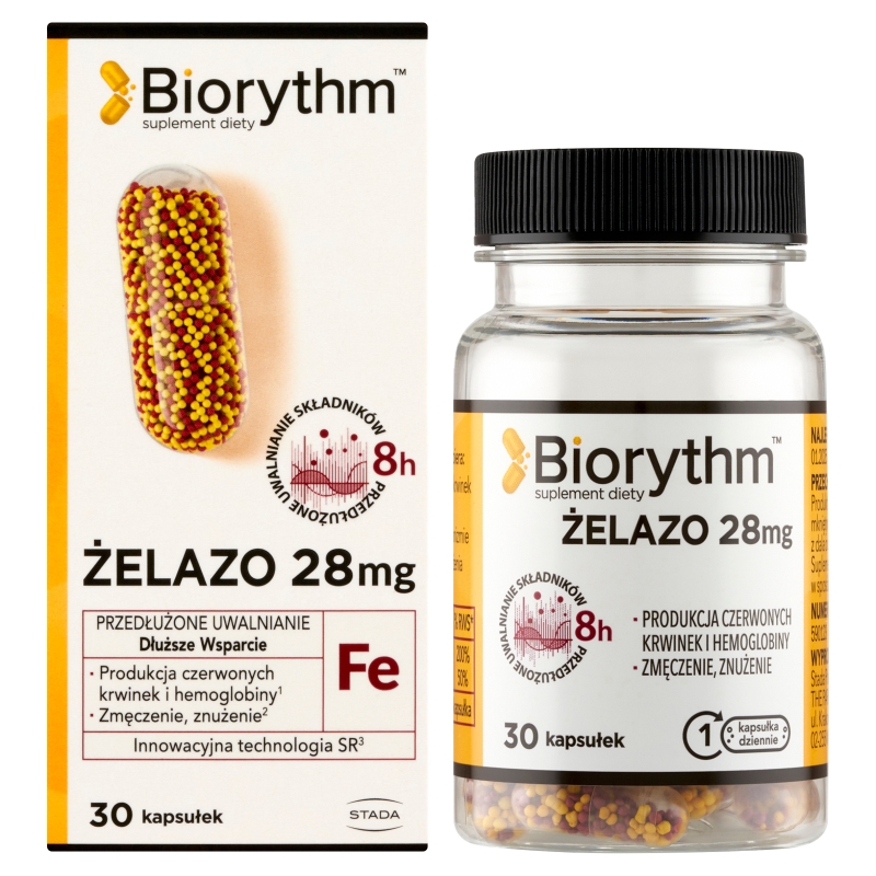 Biorythm Żelazo, kapsułki o przedłużonym uwalnianiu ze składnikami uzupełniającymi dietę w żelazo, 30 szt.