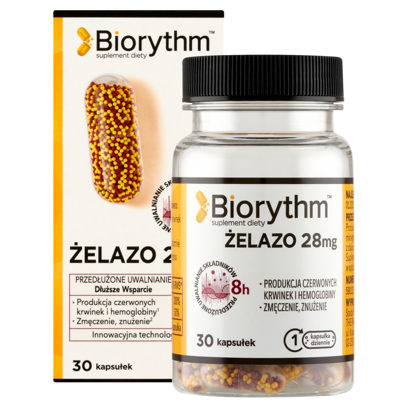 Biorythm Żelazo, kapsułki o przedłużonym uwalnianiu ze składnikami uzupełniającymi dietę w żelazo, 30 szt.