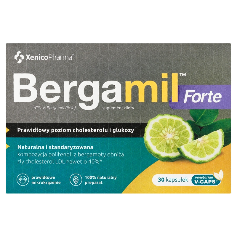 Bergamil Forte  kapsułki z roślinnej celulozy ze składnikami wspierającymi poziom cholesterolu i glukozy, 30 szt.