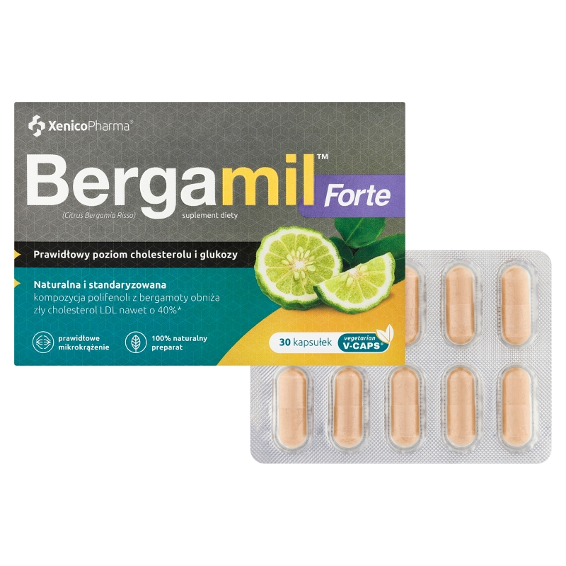 Bergamil Forte , kapsułki z roślinnej celulozy ze składnikami wspierającymi poziom cholesterolu i glukozy, 30 szt.