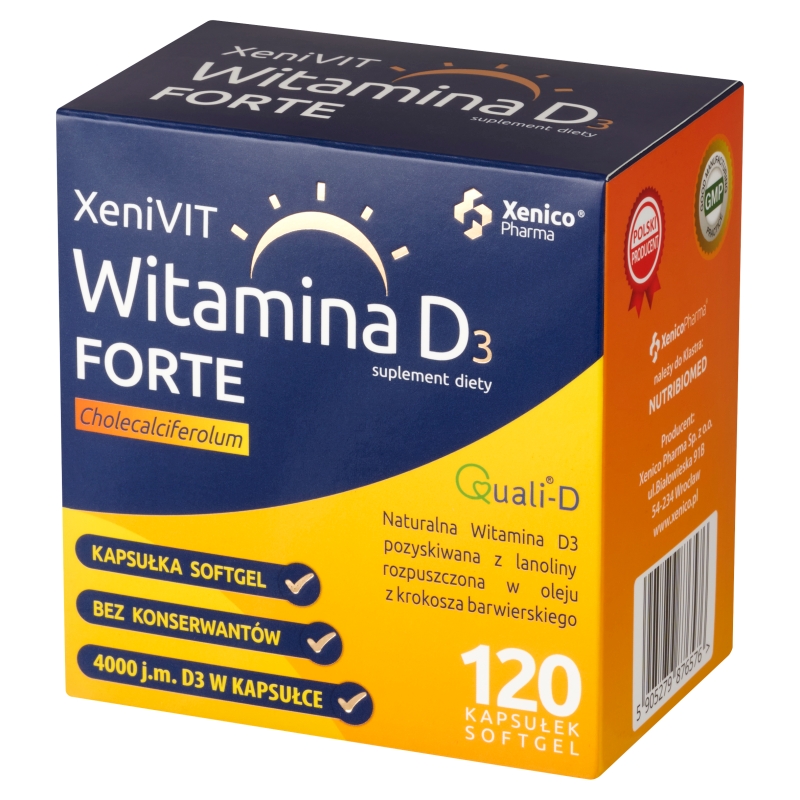 Xenivit Witamina D Forte, kapsułki miękkie ze składnikami wspierającymi mocne kości, 120 szt.