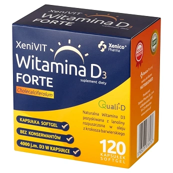 Xenivit Witamina D Forte, kapsułki miękkie ze składnikami wspierającymi mocne kości, 120 szt.