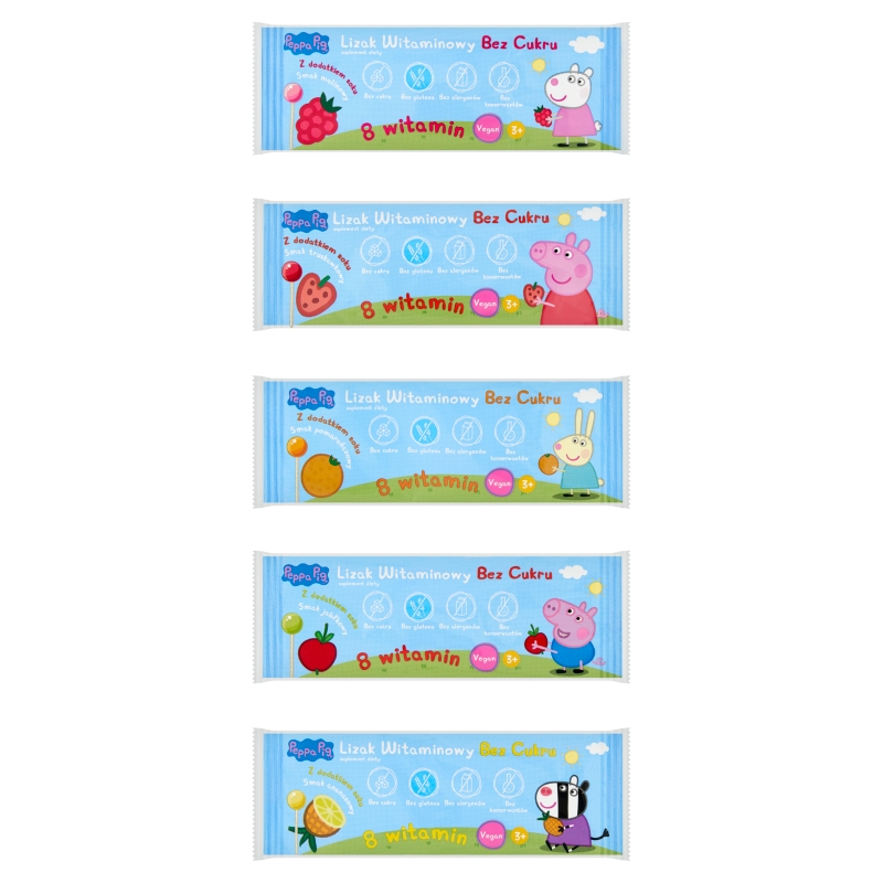 Lizaki witaminowe Peppa Pig, 8 witamin bez cukru z dodatkiem soku, mix 5 smaków, 50 szt.