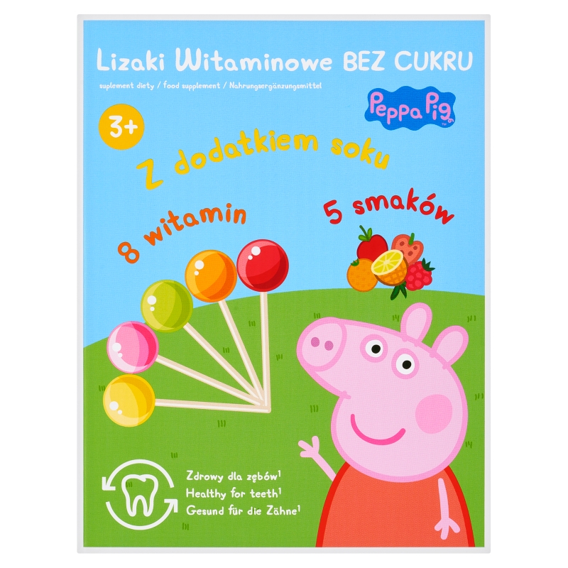 Lizaki witaminowe Peppa Pig, 8 witamin bez cukru z dodatkiem soku, mix 5 smaków, 50 szt.