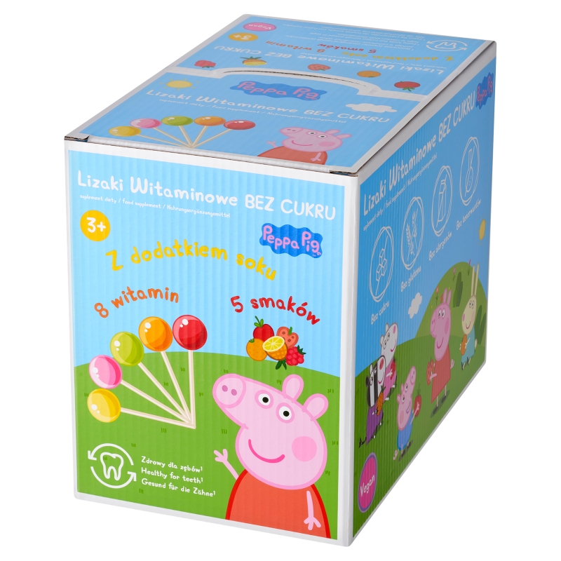 Lizaki witaminowe Peppa Pig, 8 witamin bez cukru z dodatkiem soku, mix 5 smaków, 50 szt.