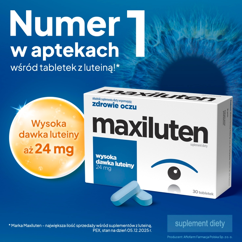 Maxiluten, tabletki z wysoką dawką luteiny wspierającą zdrowie oczu oraz utrzymanie prawidłowej ostrości widzenia, 30 szt.