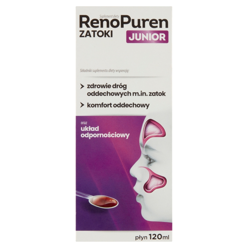 RenoPuren Zatoki Junior, płyn ze składnikami wspierającymi drogi oddechowe dla dzieci, 120 ml