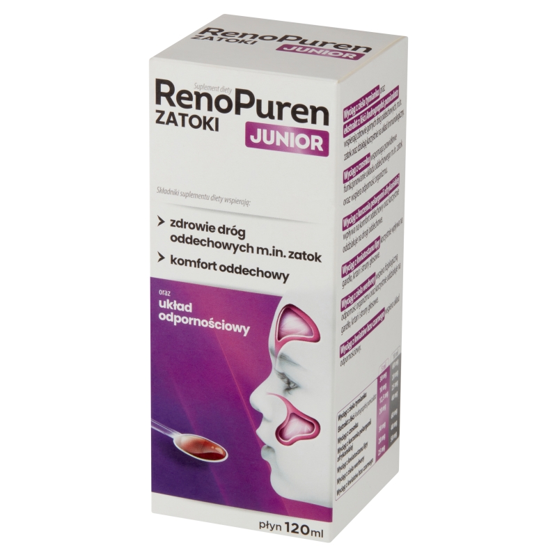 RenoPuren Zatoki Junior, płyn ze składnikami wspierającymi drogi oddechowe dla dzieci, 120 ml