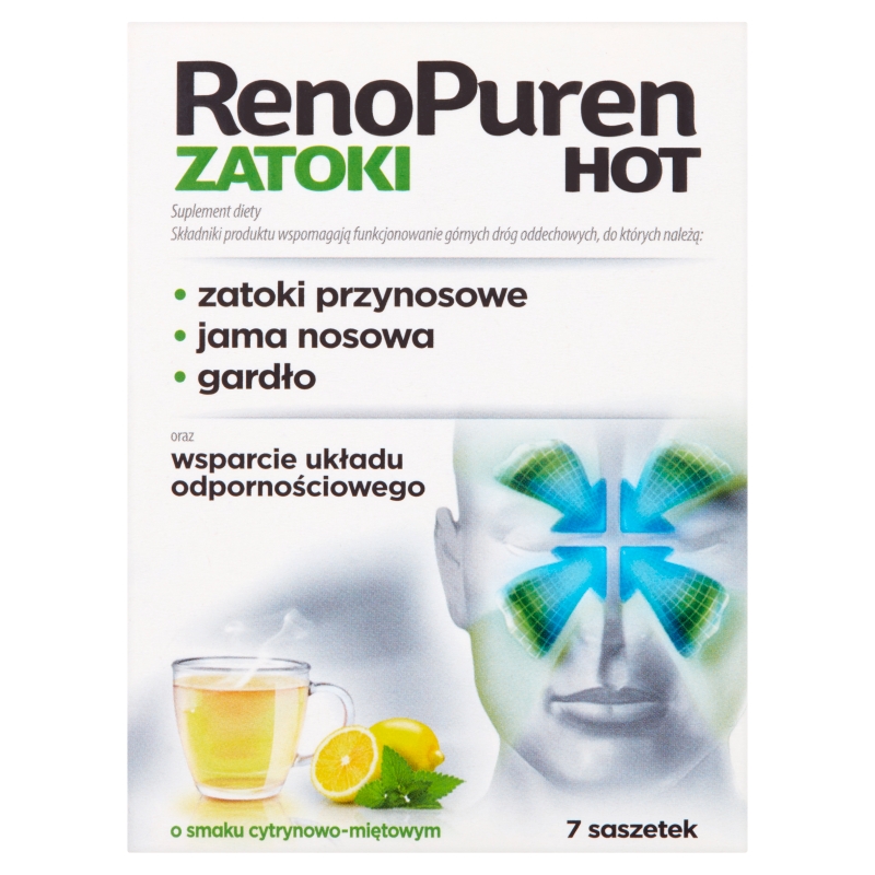 RenoPuren Zatoki Hot, proszek ze składnikami wspomagającymi górne drogi oddechowe o smaku cytrynowo-miętowym, 7 szt.
