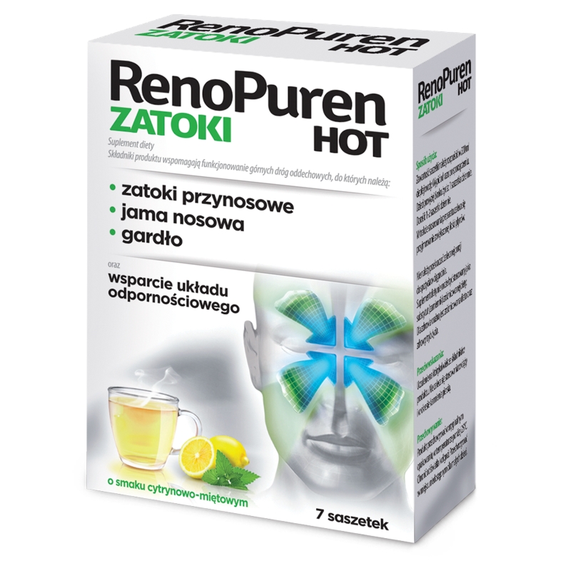 RenoPuren Zatoki Hot, proszek ze składnikami wspomagającymi górne drogi oddechowe o smaku cytrynowo-miętowym, 7 szt.