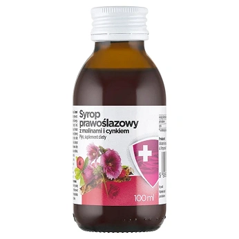 Syrop prawoślazowy z malinami i cynkiem, płyn ze składnikami wspierającymi górne drogi oddechowe, 100 ml