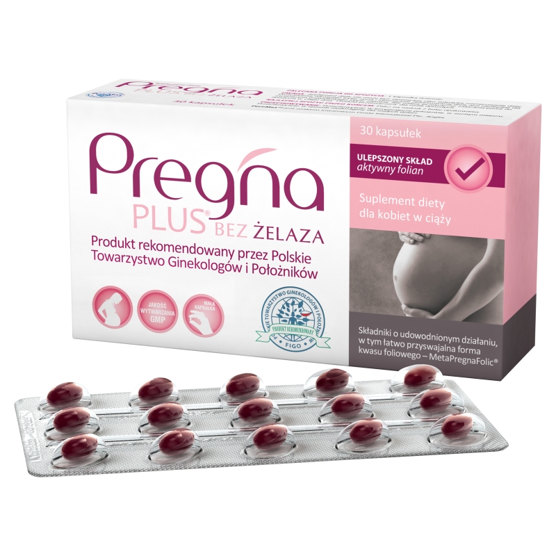 Pregna Plus bez żelaza, kapsułki z witaminami dla kobiet w ciąży, 30 szt.