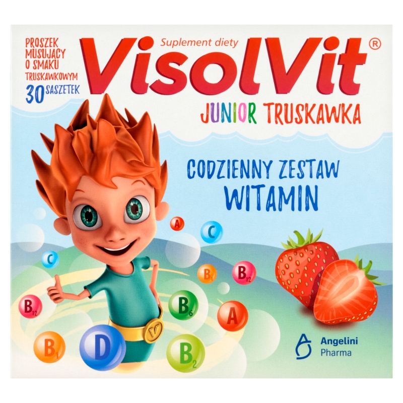VisolVit Junior Truskawka granulat z zestawem witamin dla dzieci o truskawkowym smaku, 30 sasz.