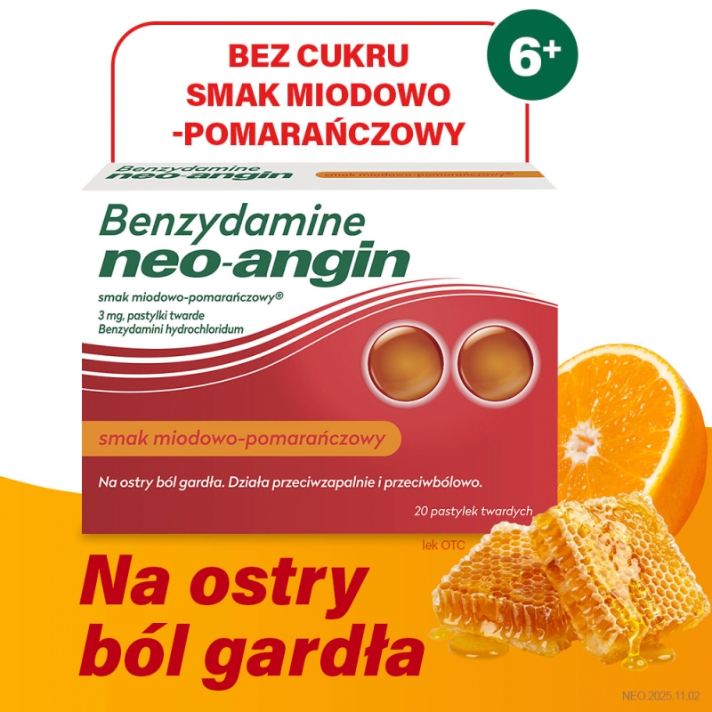 Neo-Angin Benzydamine, 20 pastylek, smak miodowo-pomarańczowy