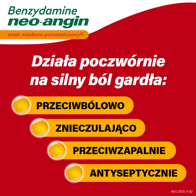Neo-Angin Benzydamine, 20 pastylek, smak miodowo-pomarańczowy