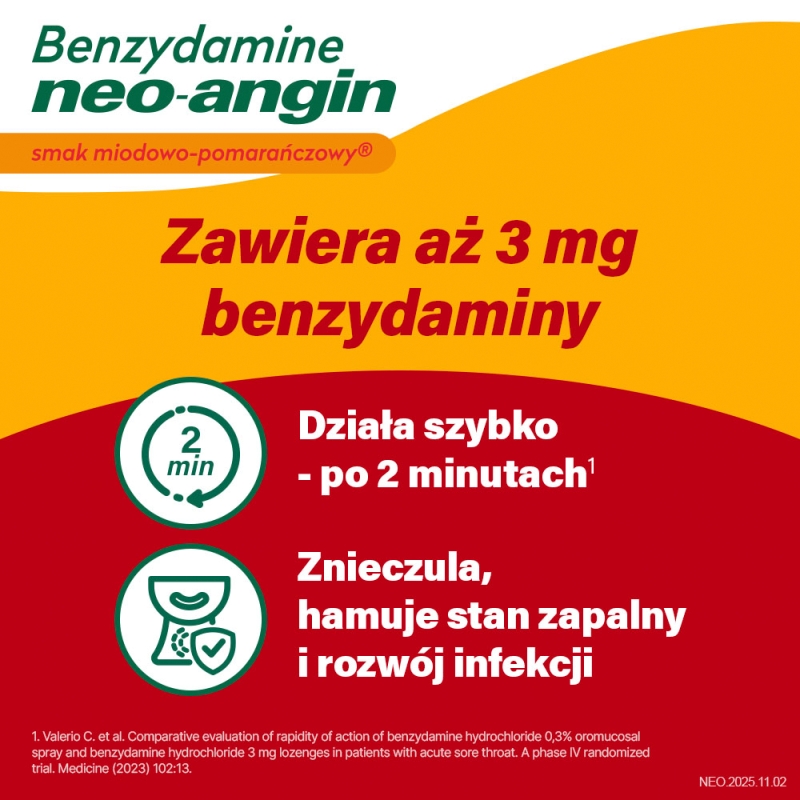 Neo-Angin Benzydamine, 20 pastylek, smak miodowo-pomarańczowy