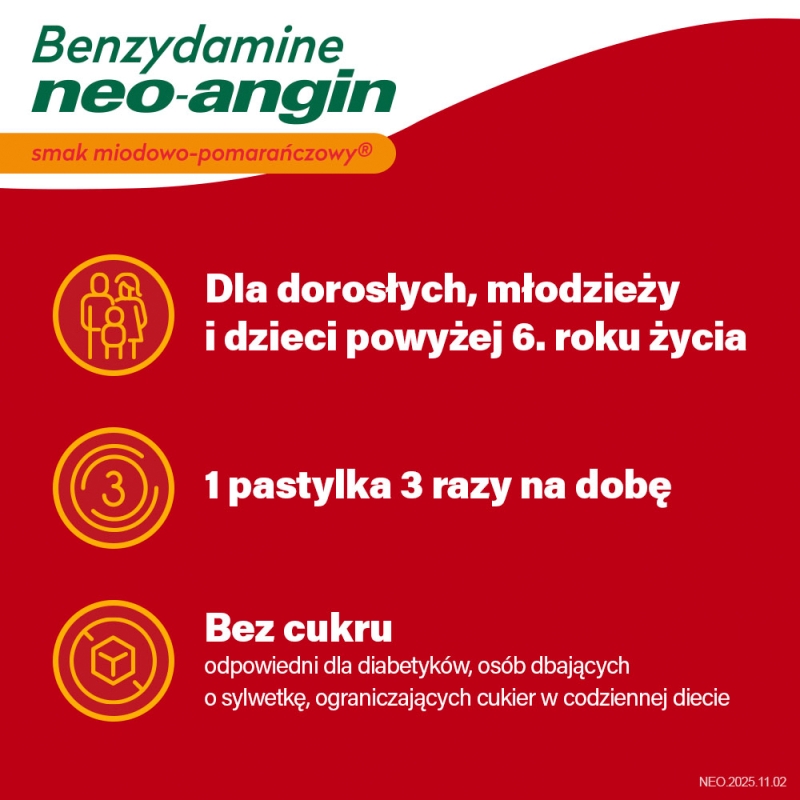 Neo-Angin Benzydamine, 20 pastylek, smak miodowo-pomarańczowy